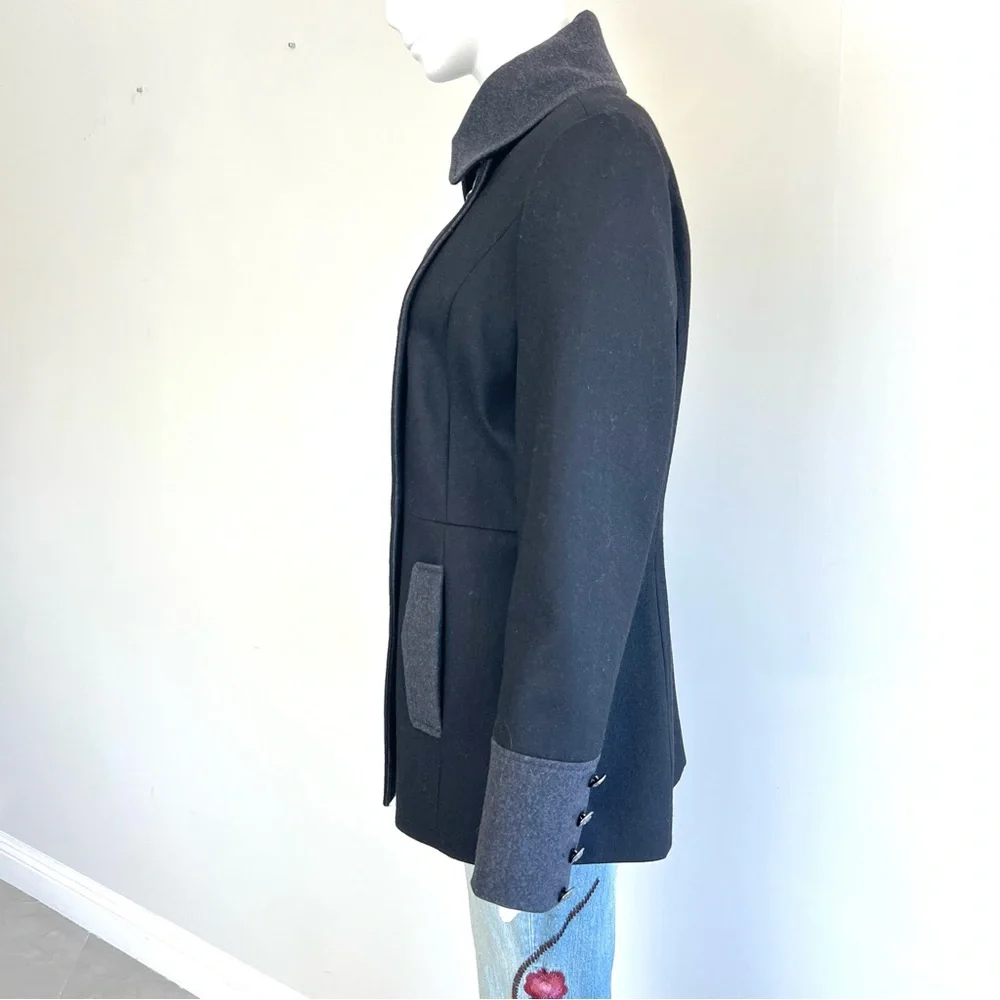NAUTICA Women's Black Gray Trim Wool Blend Double Breasted Button Peacoat Sz M